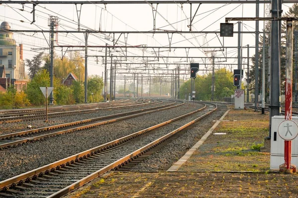 Einem Sonnigen Tag Einem Bahnhof Mit Eisenbahnnetz — Stockfoto