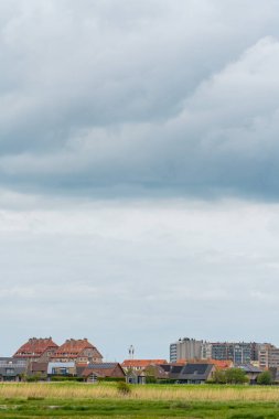 Çayırın arkasında deniz kenarında kara bulutlu bir deniz feneri var.