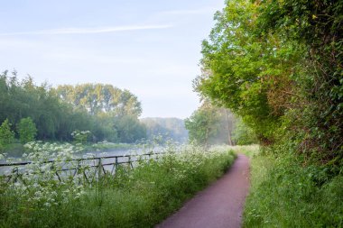 Sabahın erken saatlerinde nehrin üzerinde, yanında bisiklet yolu olan bir sis oluşur.