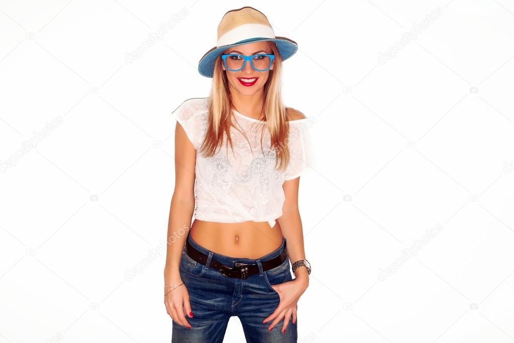 woman in summer hat and jeans