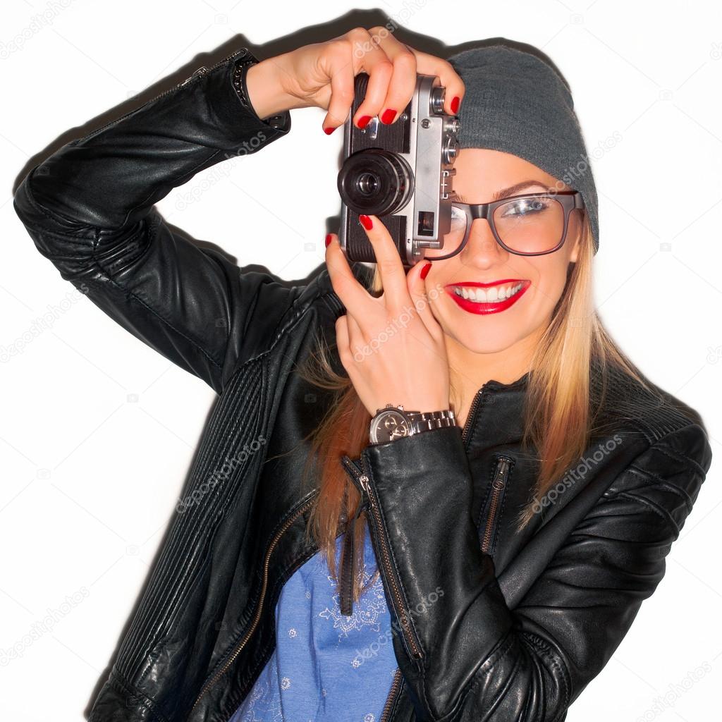 photographer woman with old film camera
