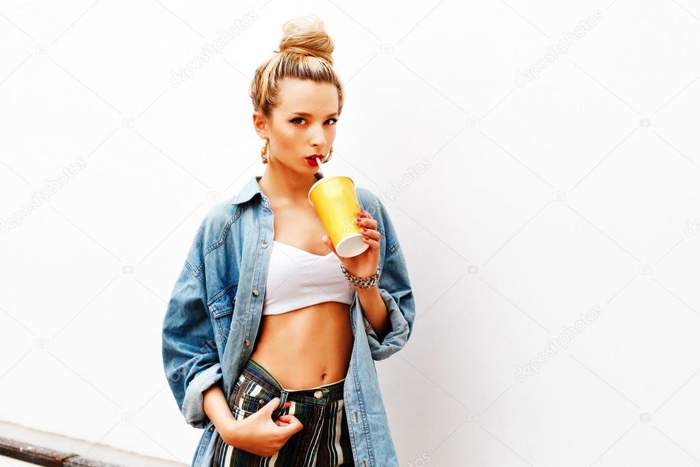 pretty blonde woman having meal