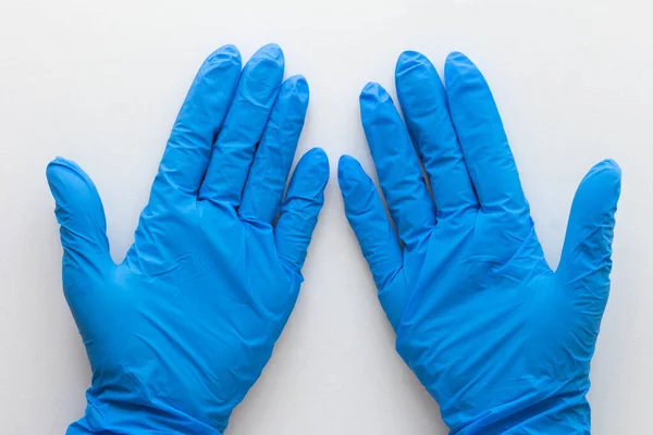 Top View Woman Hands Medical Blue Gloves White Background — Stock Photo, Image