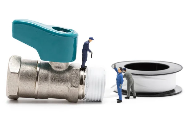 Miniature Technician Mini Ball Valve Thread Seal Tape Isolated White — Stock Photo, Image