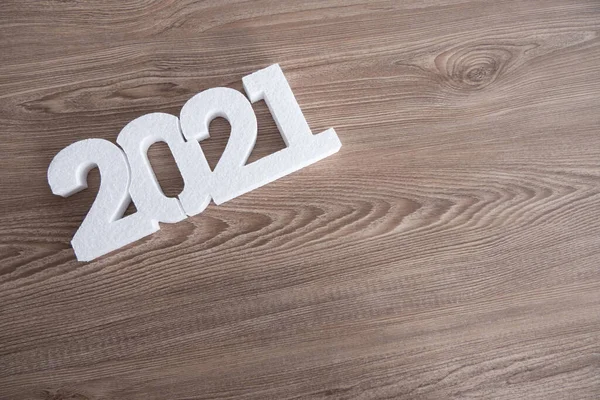 Branco 2021 Novo Número Ano Fundo Madeira — Fotografia de Stock