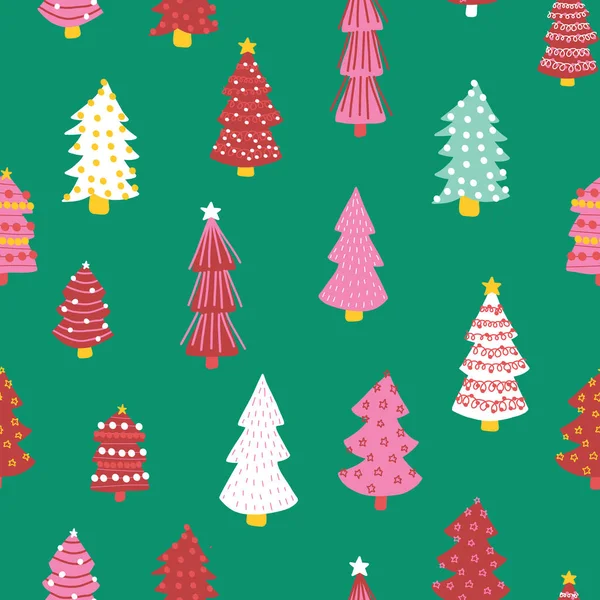Vánoční čmáranice vektorové pozadí. Bezešvé ručně kreslené stromy. Dekorativní prázdninové zázemí. Zimní design růžová bílá červená zelená pro tkaniny, dárkový obal, dekorace karet, scrapbooking — Stockový vektor