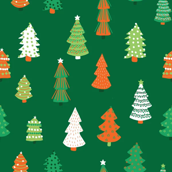 Vektorový vzorec vánočních stromů. Bezešvé pozadí ručně kreslené čmáranice stromy. Dekorativní prázdninové zázemí. Zimní design bílá červená zelená pro tkaniny, dárkový obal, dekorace karet, scrapbooking — Stockový vektor