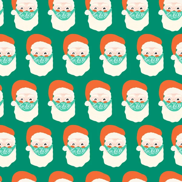 Coronavirus Santa Claus usando máscara facial patrón de vectores sin costuras. Repetir el trasfondo de Navidad 2020. Navidad durante pandemia ilustración dibujada a mano. Diseño de vacaciones Ho ho ho letras. — Archivo Imágenes Vectoriales