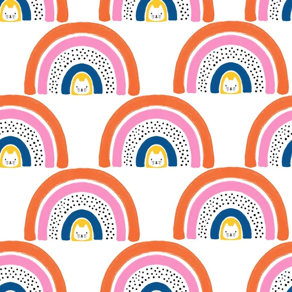 Rainbow cats seamless kids pattern. Cute hand drawn Scandinavian style children illustration. Kitty and abstract rainbow repeating background for fabric, fashion, wallpaper, gift wrap — Stock Photo, Image