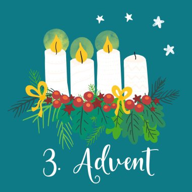Advent çelenk çizimi. Noel hazırlıkları 4 mum, 2 yanan fiyonk, böğürtlen ve çam dallarıyla. İkinci Advent. Alman bayram geleneği. Kartlar, sosyal medya paylaşımları için Noel geri sayımı
