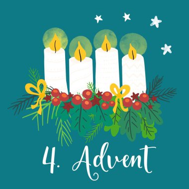 Advent çelenk çizimi. Noel hazırlıkları 4 mum, 4 yangın, yaylar, böğürtlen ve çam dallarıyla. Dördüncü Advent. Alman bayram geleneği. Kartlar için Noel geri sayımı, sosyal medya paylaşımı