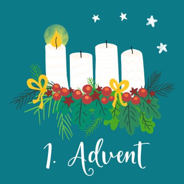 Advent çelenk çizimi. Noel aranjmanlarında 4 mum, bir yanık, yay, böğürtlen ve çam dalları var. Birinci Advent. Alman bayram geleneği. Kartlar, sosyal medya paylaşımları için Noel geri sayımı