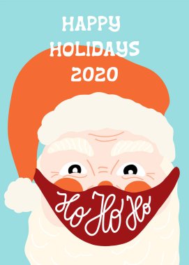 Mutlu bayramlar 2020 vektör tebrik kartı. Noel Baba, koronavirüse karşı koruyucu bir maske takıyor. Salgın sırasında mutlu Noeller. Ho ho ho harfleri. El çizimi Xmas 