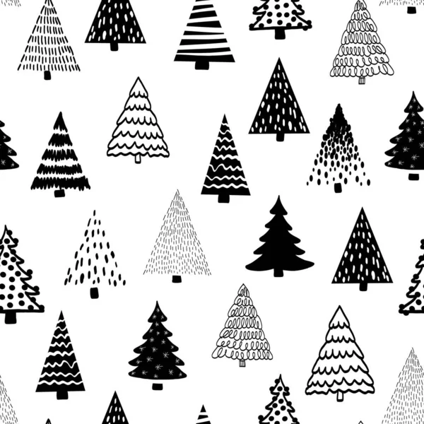 Doodle tree pattern black on white seamless vector pattern. Monochrome Christmas trees repeating background hand drawn sketch style. Modern Holiday design for fabric, wrapping paper. — Stock Vector