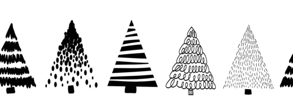 Рисунок черного дерева на белой бесшовной векторной границе. Монохромные елки повторяют рисунок ручной работы в стиле эскиза. Современный праздничный дизайн для футера, открыток, баннеров, лент, тканевой отделки — стоковый вектор