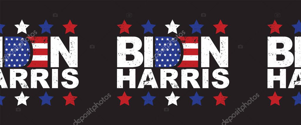 Biden Harris seamless vector border. American president and vice president candidate for US election Democrat Joe Biden and Kamala Harris lettering horizontal border. Grunge style. American flag