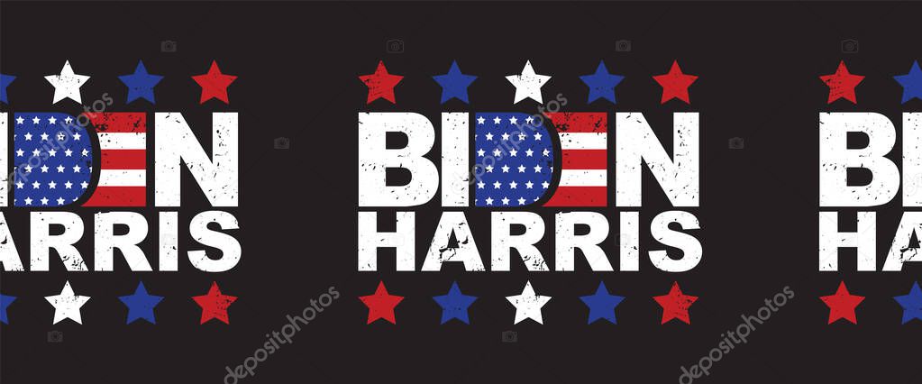 Biden Harris seamless vector border. American president and vice president candidate for US election Democrat Joe Biden and Kamala Harris lettering horizontal border. Grunge style. American flag.