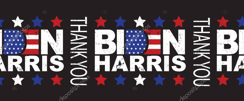 Biden Harris Thank You seamless vector border. American president and vice president elect. US election Democrat Joe Biden and Kamala Harris lettering horizontal border. Grunge style. American flag
