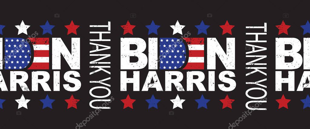 Biden Harris Thank You seamless vector border. American president and vice president elect. US election Democrat Joe Biden and Kamala Harris lettering horizontal border. Grunge style. American flag