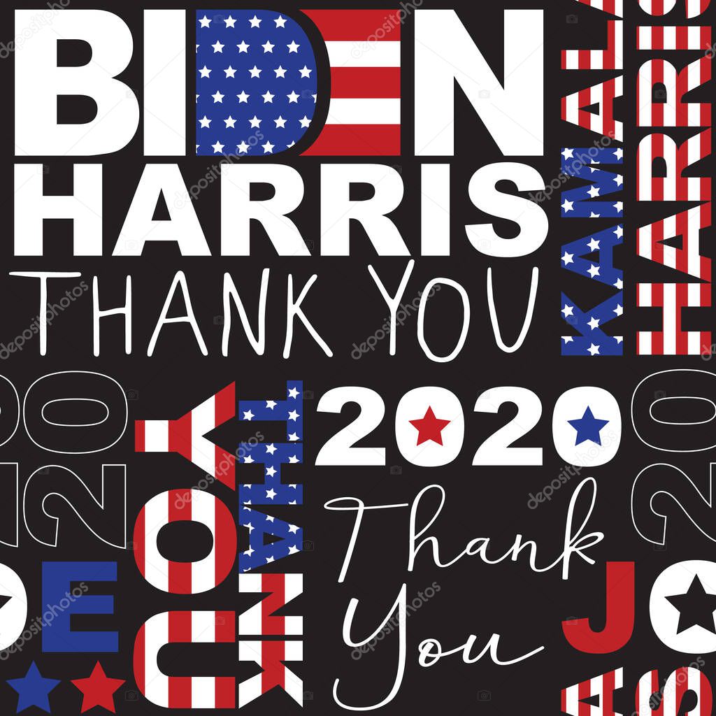 Biden Harris President Elect Thank You seamless vector pattern. Background American president Joe Biden and vice president Kamala Harris elect. US election Democrats Thanks for voting. American flag.