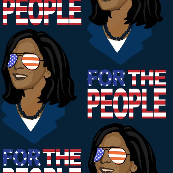 Vienna, Austria, 11.11.2020 Kamala Harris seamless background. Hand drawn illustration Kamala wearing sunglasses with American flag. Patriotic USA strong women, feminist portrait. USA Election 2020 — Stock Photo, Image