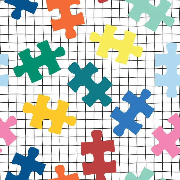 Puzzle piezas sin costura vector de fondo en una cuadrícula. Patrón repetitivo para la tela, desgaste de los niños, decoración de los niños. — Vector de stock