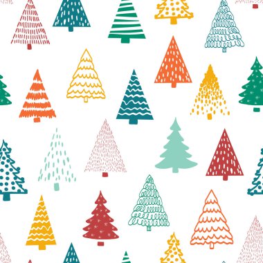 Noel karalama ağaçları vektör arka planı. Kusursuz desenli el çizimi ağaçlar. Dekoratif tatil geçmişi. Minimalist Kış Tasarımı Turuncu Altın Kırmızı Kırmızı Beyaz Kumaş, Hediye Paketi, Kart Dekorasyonu.