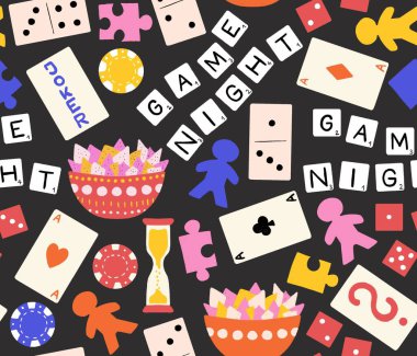 Oyun gecesi kusursuz desen. Masa oyunları arka planı tekrarlıyor. Poker çiplerinin, kart oyunlarının, zarların, yapboz parçalarının el çizimi. Çocuk dekorasyonu, kumaş, ambalaj, oyuncakçı.