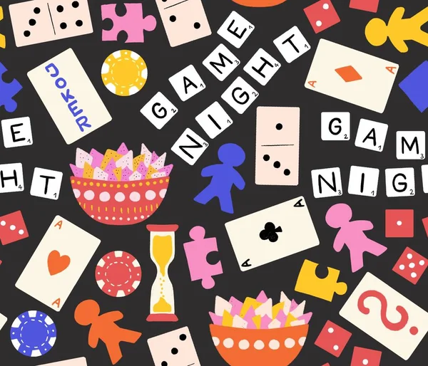 Game night seamless pattern. Board games repeating background. Hand drawn illustration of poker chips, play cards, dice, puzzle pieces. Use for kids decor, fabric, wrapping, toy store.