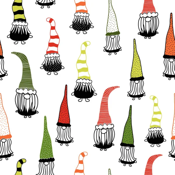 Christmas gnomes seamless vector background. Hand drawn illustration of gnomes black red green repeating pattern. Holiday design for decor, fabric, gift wrap — Stock Vector