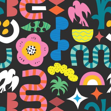 Modern abstract kids shapes collage seamless vector pattern. Contemporary art repeating background in bright colors on black. Seamless childish Scandinavian pattern with bird flower leaf rainbow  clipart