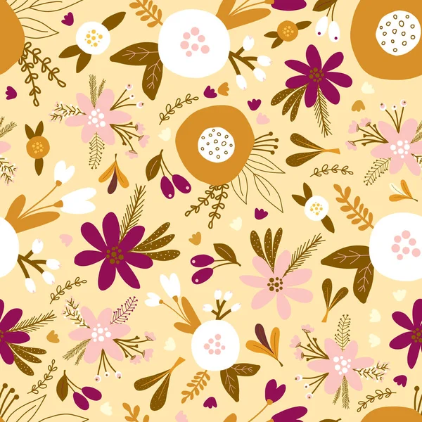 Απρόσκοπτη floral διάνυσμα μοτίβο με χρυσά, λευκά και ροζ λουλούδια και φυτά. Επαναλαμβανόμενο φόντο επίπεδη λουλούδια Σκανδιναβικό στυλ. Χρήση για ύφασμα, ταπετσαρία, συσκευασία δώρου, διακόσμηση σπιτιού. — Διανυσματικό Αρχείο