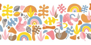 Soyut şekiller kusursuz vektör kenarı. Bitkileri ve gökkuşağı şekillerini, pürüzsüz, yatay desenler halinde kes. Organik El kağıdı matisse stili kolaj çizimi. 