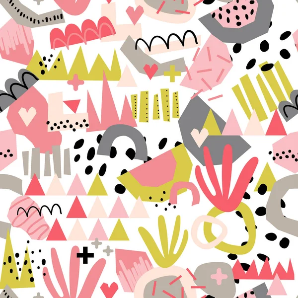 Moderne abstrakte Papier ausgeschnitten Formen Hintergrund. Nahtlose bunte Collage-Vektormuster. Zeitgenössische Kunst rosa grün grau weiß. Kindhaft einfache Muster geometrische Formen für Stoff, Dekor, Tapete — Stockvektor