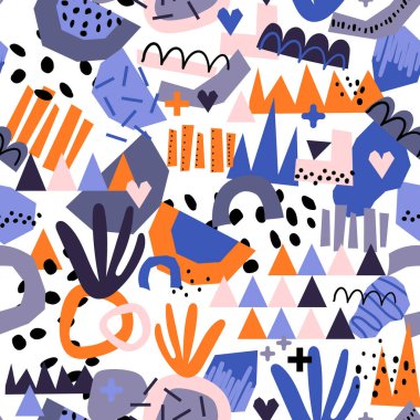 Soyut şekiller kusursuz vektör arkaplanı. Çağdaş organik kağıt kesiği arka planı tekrar ediyor. Modern geometrik pembe turuncu mavi modern tasarım kumaş, ambalaj, duvar kağıdı.