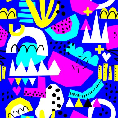 Çağdaş sanat geometrik şekilleri kusursuz desenlerdir. Fırça, keçeli kalem, kağıt kesiği vektör kolaj çizimi arka planı. Memphis, 90 'lar, 80' ler eski tarz. Parlak Neon renkleri mavi, siyah, pembe, mavi, sarı