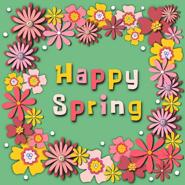 Happy Spring Paper flowers greeting card template. Square background with paper cut florals 3D style. Papercutting collage for spring, Easter, social media posts, posters, cards. High quality photo. — Stock Photo, Image