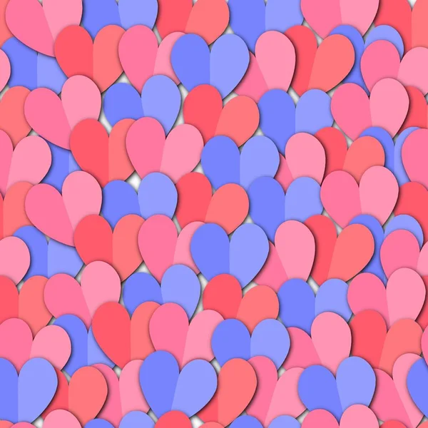 Hearts shapes paper cut style seamless pattern. Repeating background with overlapping folded heart stickers in pink red purple blue. For gift bags, gift wrap, Valentines, birthday, wrapping, wedding. — Stock Photo, Image