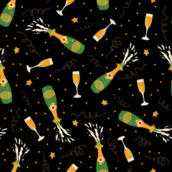 Sektflaschen und Gläser zelebrieren ein nahtloses Vektormuster. Wiederholung multidirektionaler Parteihintergrund. Handgezeichnete Champagnerflöten auf Schwarz für Party, Neujahr, Einladungen, Geburtstage, Geschenkpapier. — Stockvektor