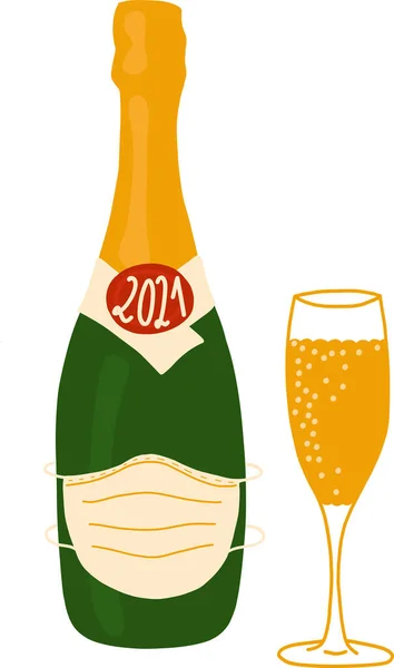 Láhev šampaňského s obličejovou maskou 2021 Nový rok oslavy vektorové ilustrace. Šampaňská flétna a láhev izolované. 2021 Coronavirus Nový rok klip design — Stockový vektor
