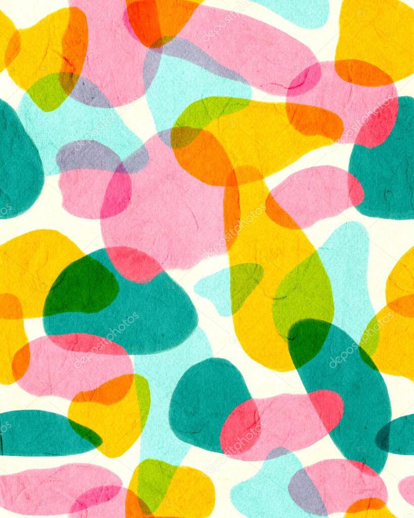 Organic abstract overlapping shapes seamless background. Painted round shapes collage repeating pattern. Feminine abstract seamless texture pink yellow blue teal. Colorful decorative backdrop.