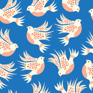 Barış güvercini kusursuz vektör deseni. Halk sanatı beyaz kuş tekerrür ediyor. Mavi üzerine İskandinav usulü güvercinler. Noel tatillerinde, kumaşlarda, ambalaj kağıtlarında, tebrik kartlarında.