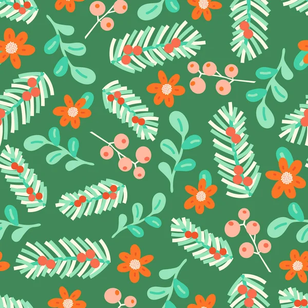 Patrón sin costura vectorial Navidad elementos florales. Repetir el fondo con muérdago, acebo, poinsettia, ramas de abeto. Dibujado a mano tradicional vacaciones ilustración estilo vintage moderno. — Vector de stock