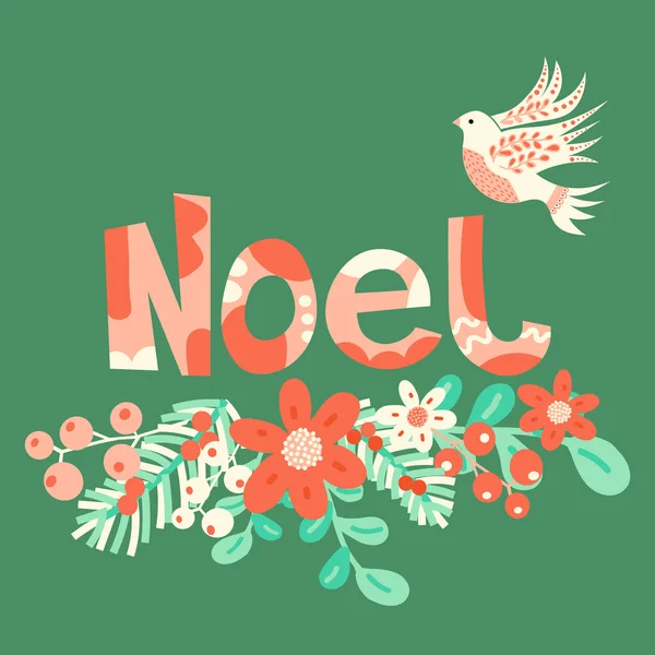 Noel et colombe de Noël de fleurs de paix dessiné à la main illustration de carte de Noël vectoriel moderne. Carte de vacances style rétro scandinave vert rouge rose blanc. Pour les cartes, affichage sur les médias sociaux. — Image vectorielle