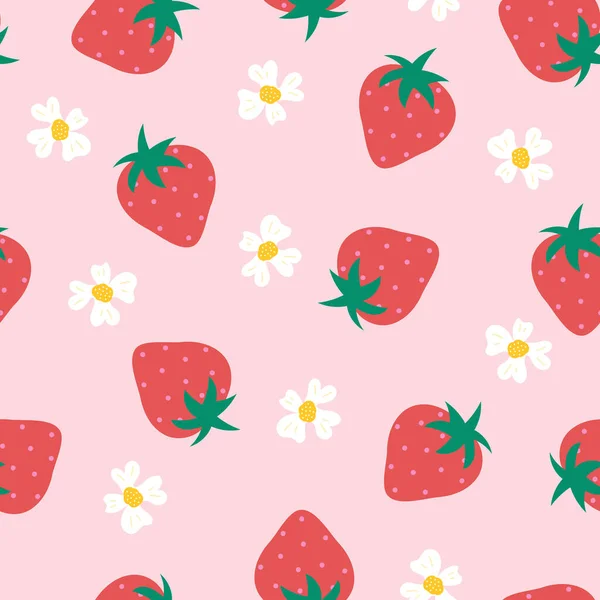 Erdbeerblüten nahtloses Vektormuster. Wiederholter Hintergrund mit Sommerfrüchten auf rosa. Verwendung für Stoff, Geschenkpapier, Verpackung. — Stockvektor