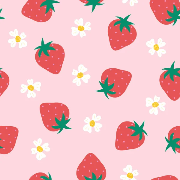 Strawberry flowers seamless vector pattern. Repeating background with summer fruit on pink. Use for fabric, gift wrap, packaging.