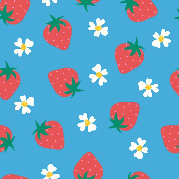 Erdbeerblüten nahtlosen Vektor Hintergrund. Muster mit Sommerfrüchten auf blauem Grund wiederholen. Verwendung für Stoff, Geschenkpapier, Verpackung. — Stockvektor