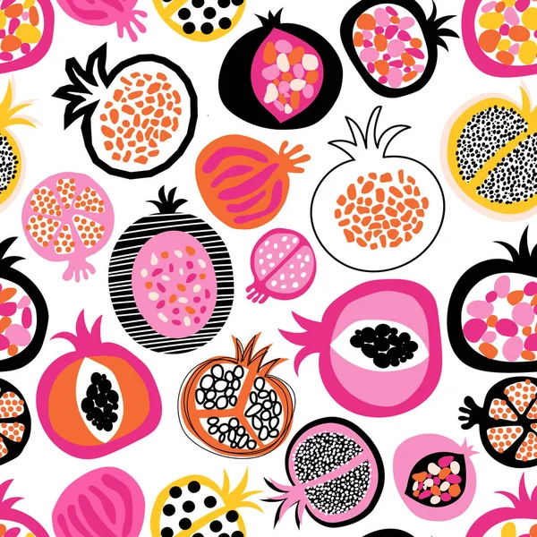 Seamless vector pattern of pomegranate fruit halves. Hand drawn illustration texture background in modern abstract flat style for fabric, summer decor, children clothes, wallpaper, packaging. — Stock Vector