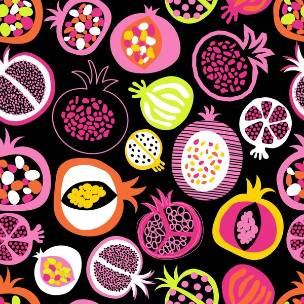 ザクロ果実の半分シームレスベクトルパターン。布、夏の装飾、子供服、壁紙、包装のための現代抽象的なフラットスタイルの手描きイラストテクスチャの背景 . — ストックベクタ