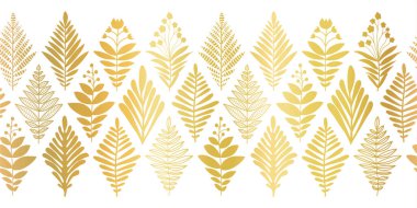 Çiçek sınır altın folyosu dikişsiz. Yinelenen vektör deseni yatay metalik altın yapraklar ve çiçekler geometrik eşkenar dörtgen şeklinde. Davetiye ve düğün için modern zarif sahte metalik tasarım.